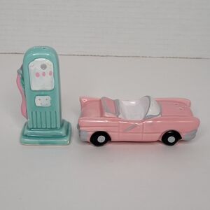 Vintage Convertible Car and Gas Pump Salt and Pepper Shakers Pink and Aqua Blue